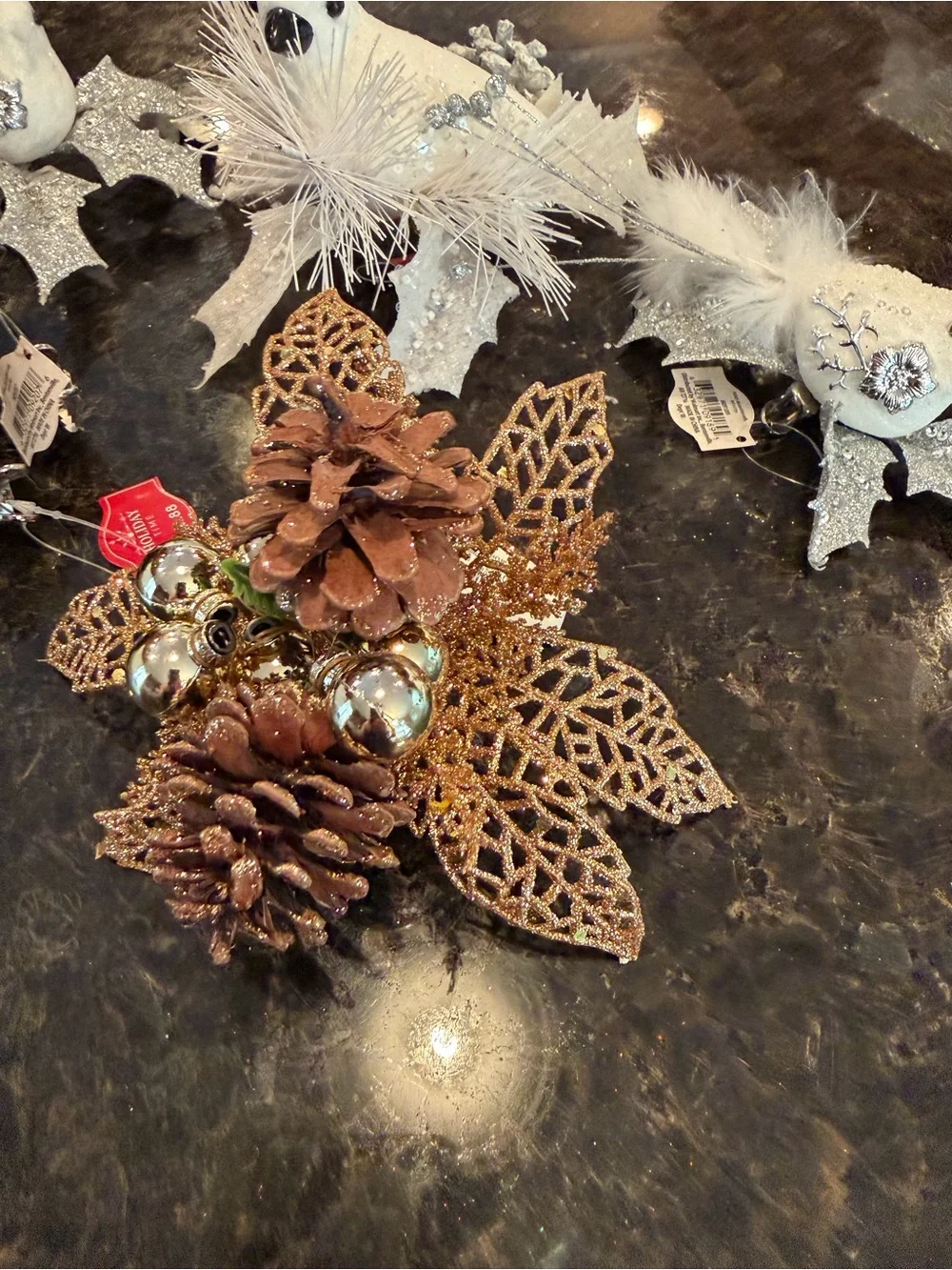 Festive Gold Pinecone & Bird Holiday Ornament Set and holiday bags and decor box